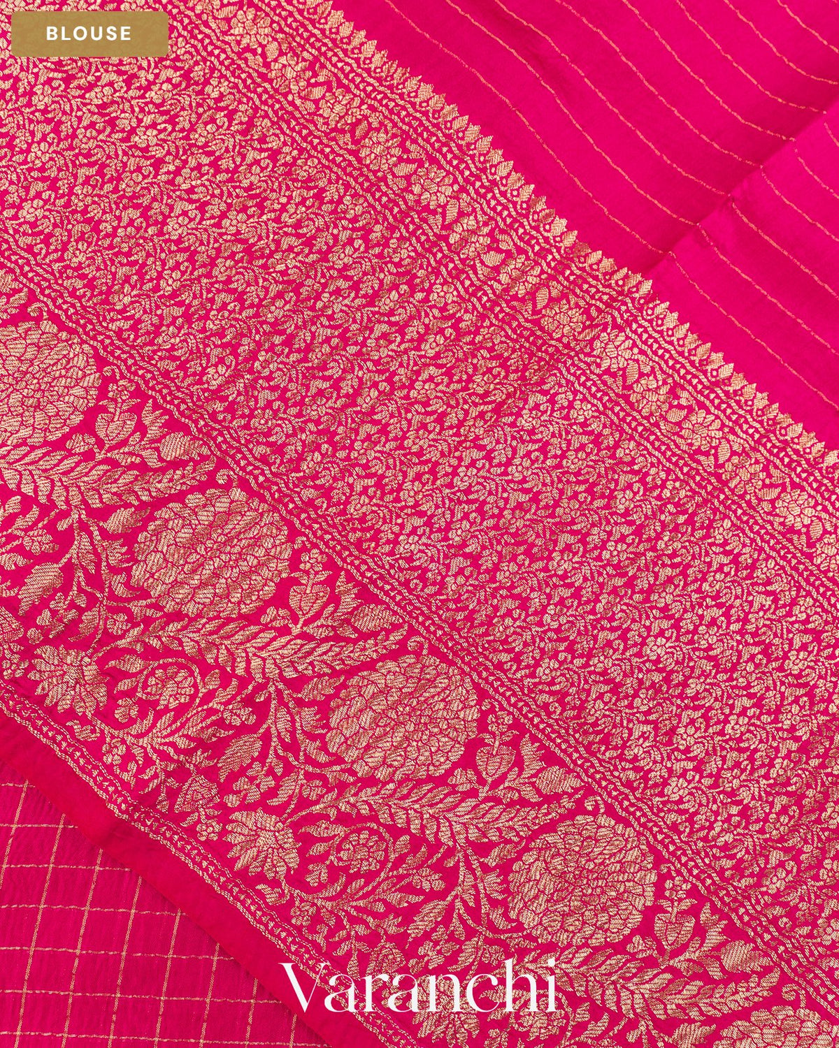 Rani Pink Checkered Pure Crush Kora Silk Saree — Blouse