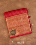 Crimson Red Checkered Pure Crush Kora Silk Saree — Folded