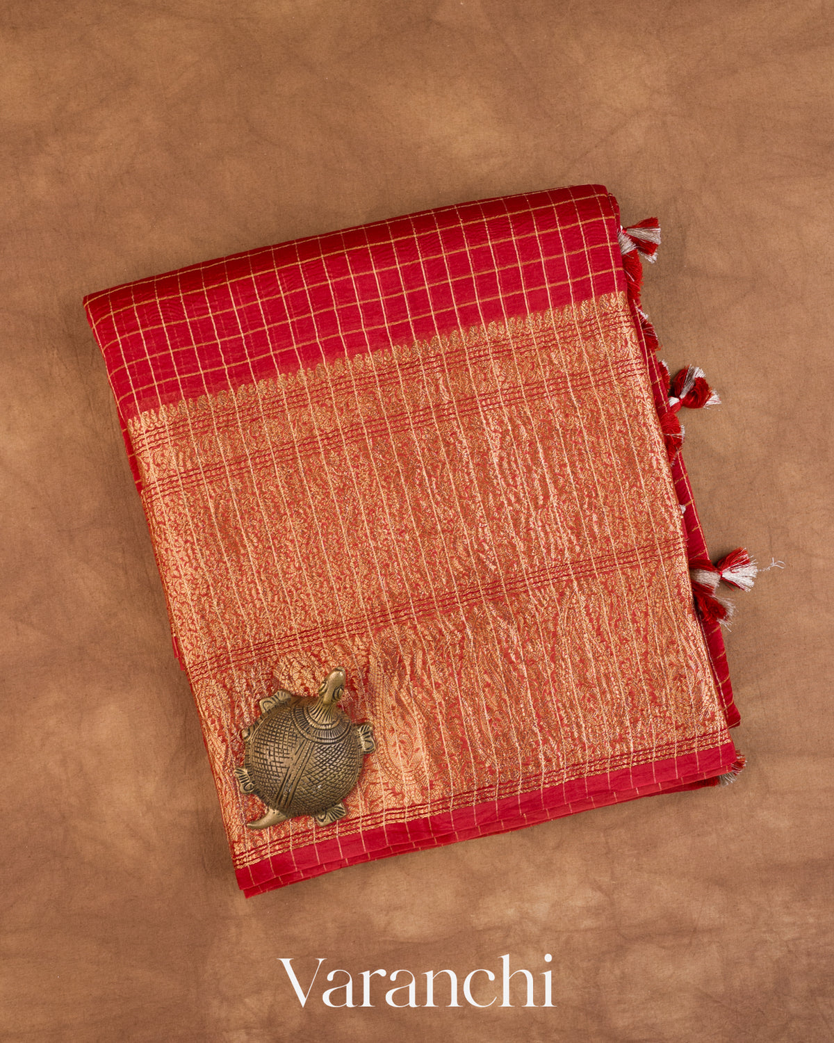 Crimson Red Checkered Pure Crush Kora Silk Saree — Folded