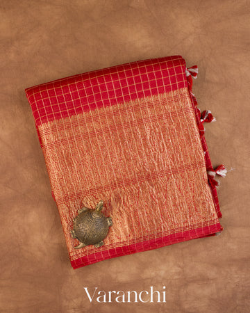 Crimson Red Checkered Pure Crush Kora Silk Saree — Folded