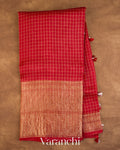 Crimson Red Checkered Pure Crush Kora Silk Saree — Full Saree