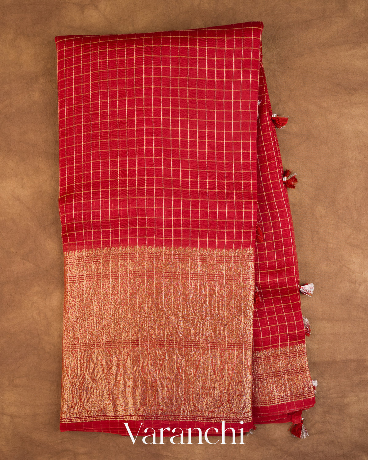 Crimson Red Checkered Pure Crush Kora Silk Saree — Full Saree