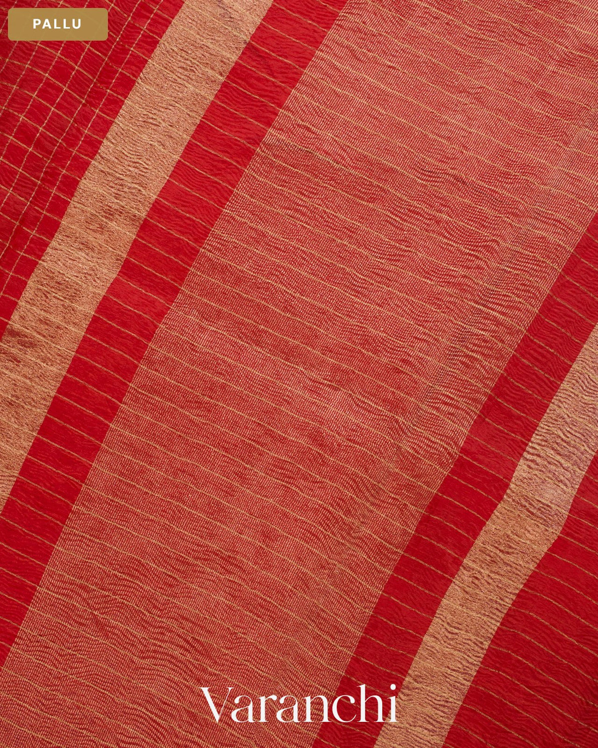 Crimson Red Checkered Pure Crush Kora Silk Saree — Pallu