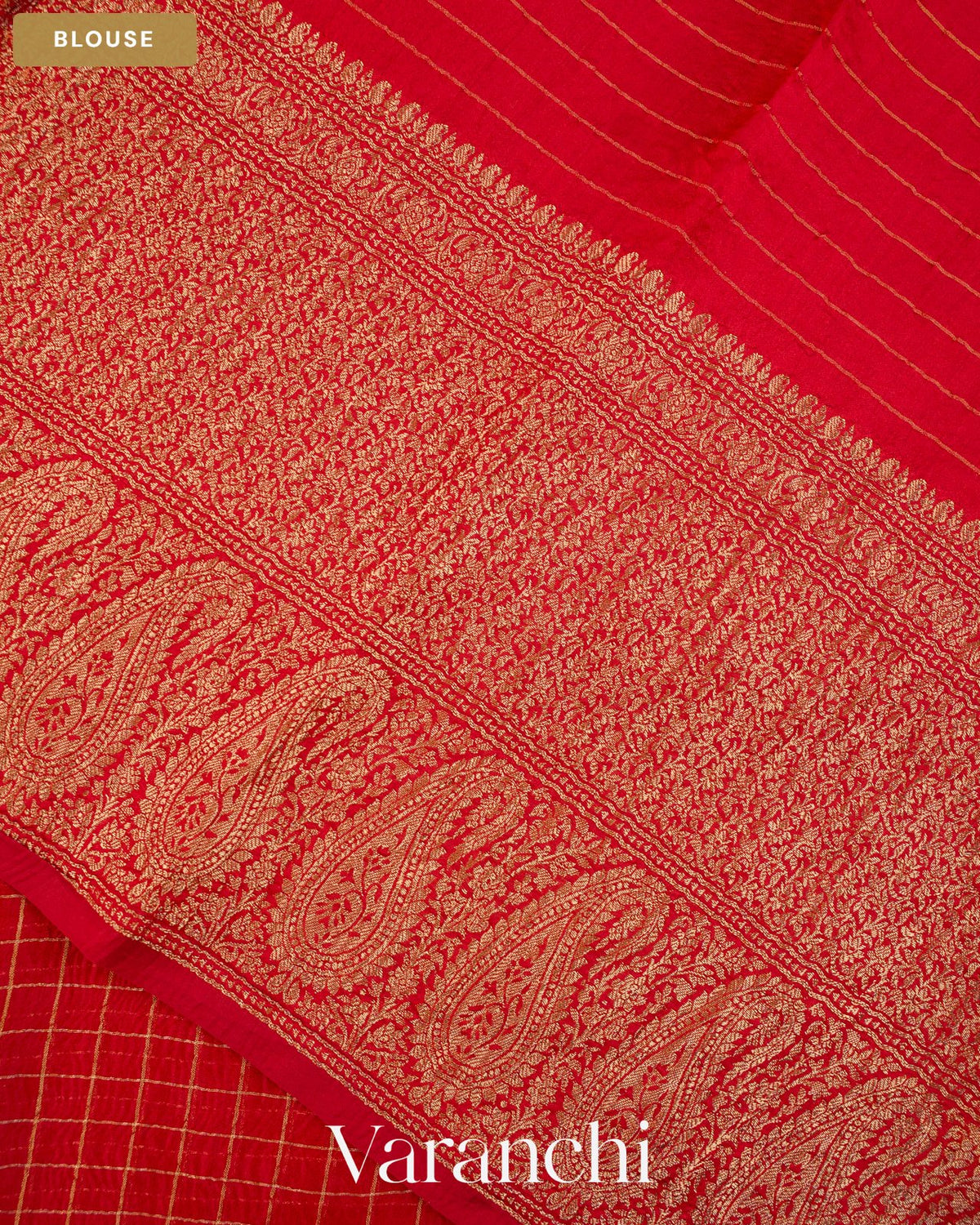 Crimson Red Checkered Pure Crush Kora Silk Saree — Blouse