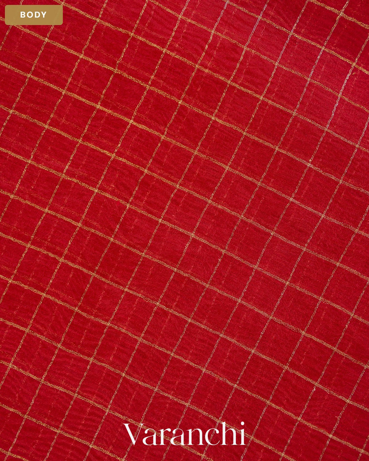 Crimson Red Checkered Pure Crush Kora Silk Saree — Body