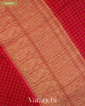 Crimson Red Checkered Pure Crush Kora Silk Saree — Border