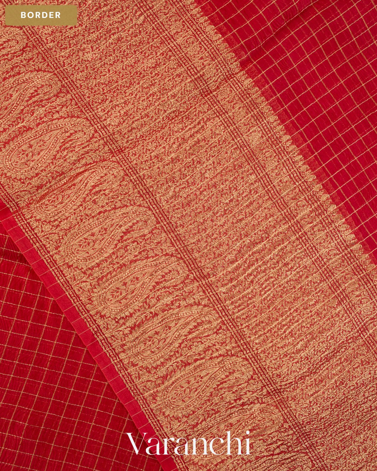 Crimson Red Checkered Pure Crush Kora Silk Saree — Border