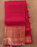 Tomato Red Checkered Pure Crush Kora Silk Saree — Full Saree