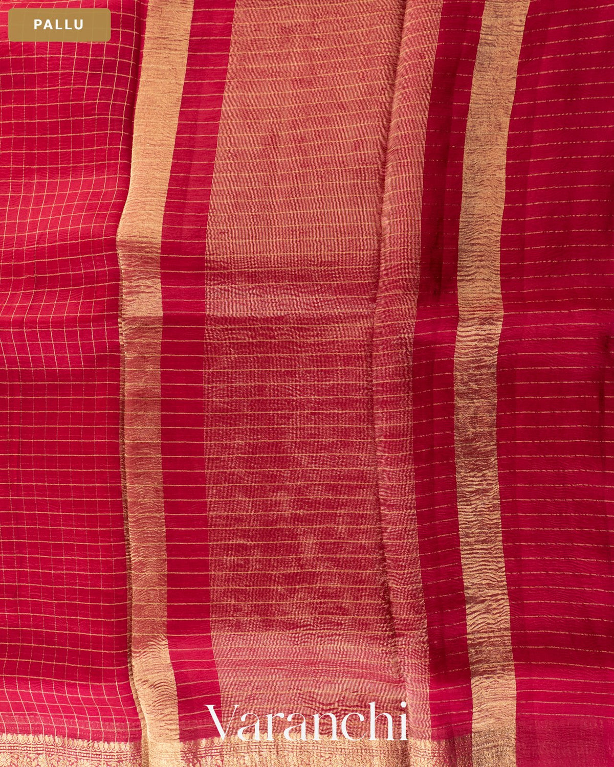 Tomato Red Checkered Pure Crush Kora Silk Saree — Pallu