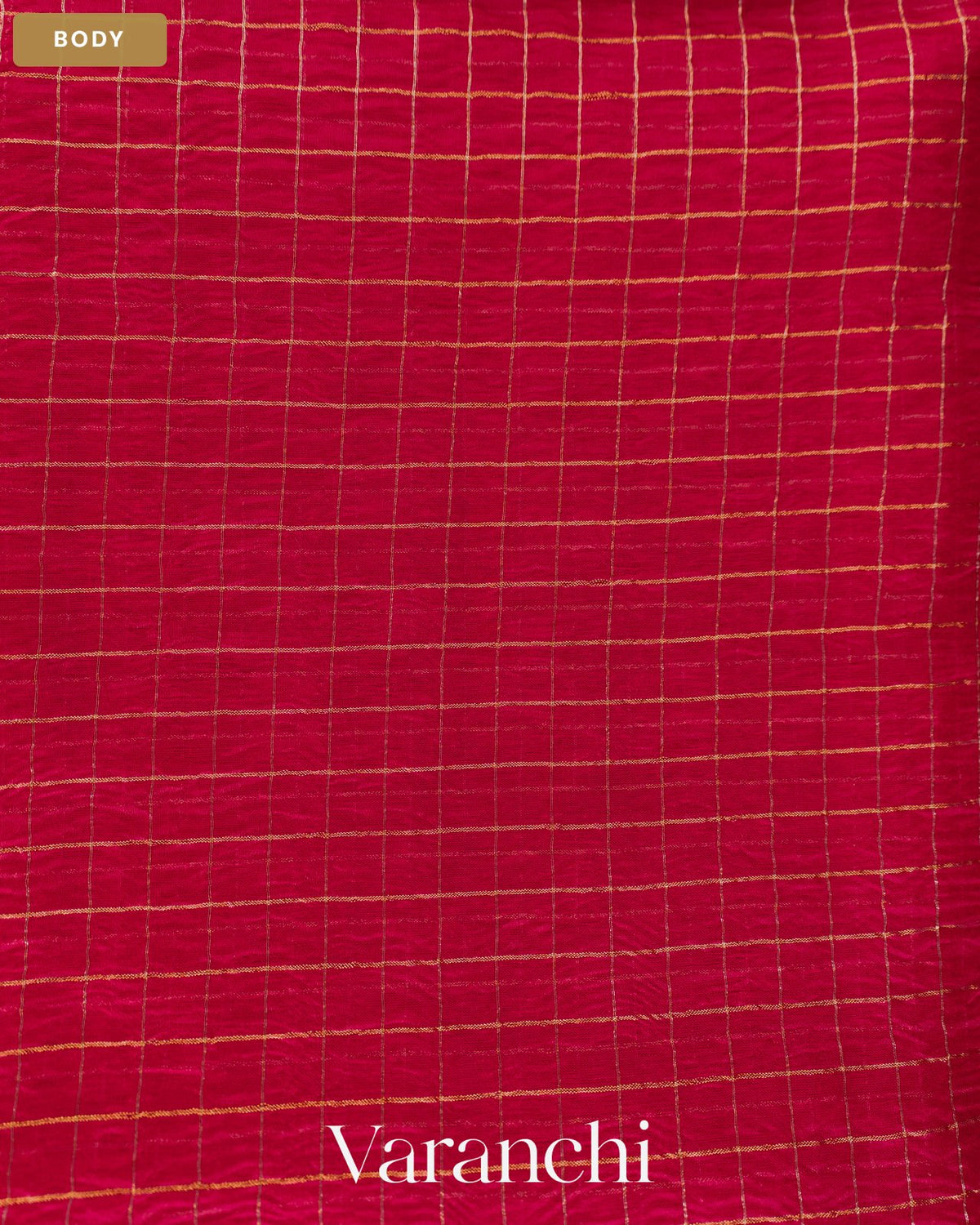 Tomato Red Checkered Pure Crush Kora Silk Saree — Body