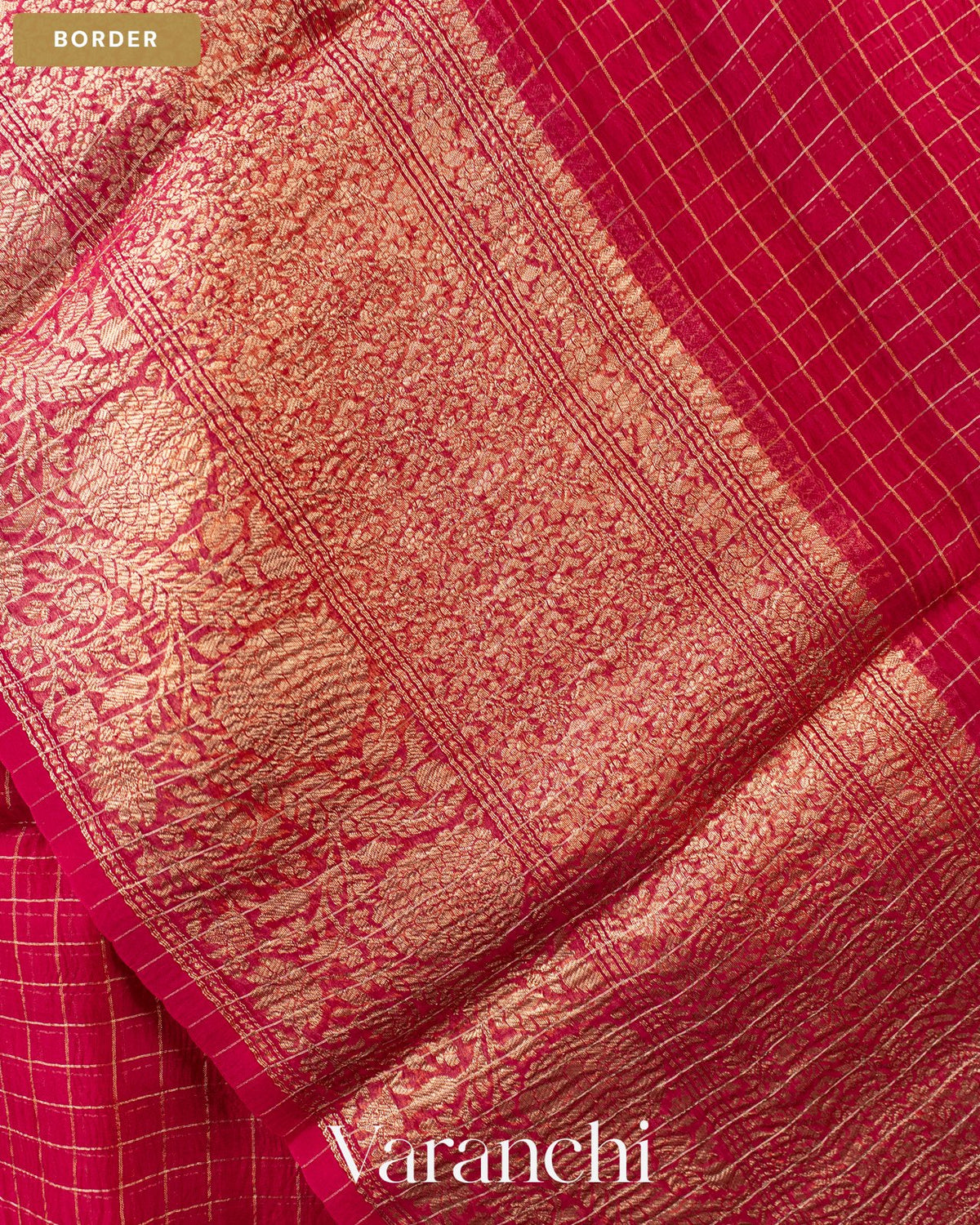 Tomato Red Checkered Pure Crush Kora Silk Saree — Border