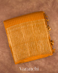 Mustard Yellow Checkered Pure Crush Kora Silk Saree — Folded