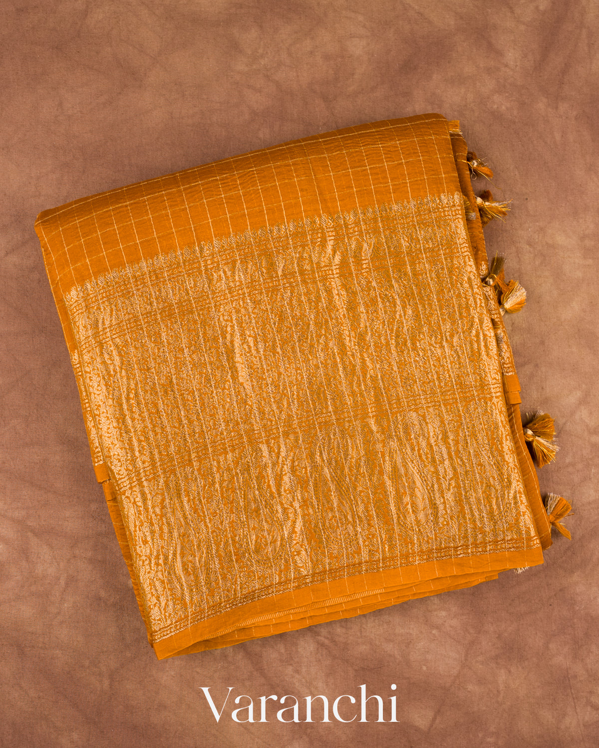 Mustard Yellow Checkered Pure Crush Kora Silk Saree — Folded