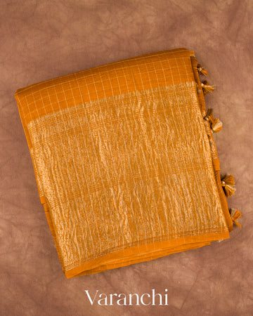 Mustard Yellow Checkered Pure Crush Kora Silk Saree — Folded