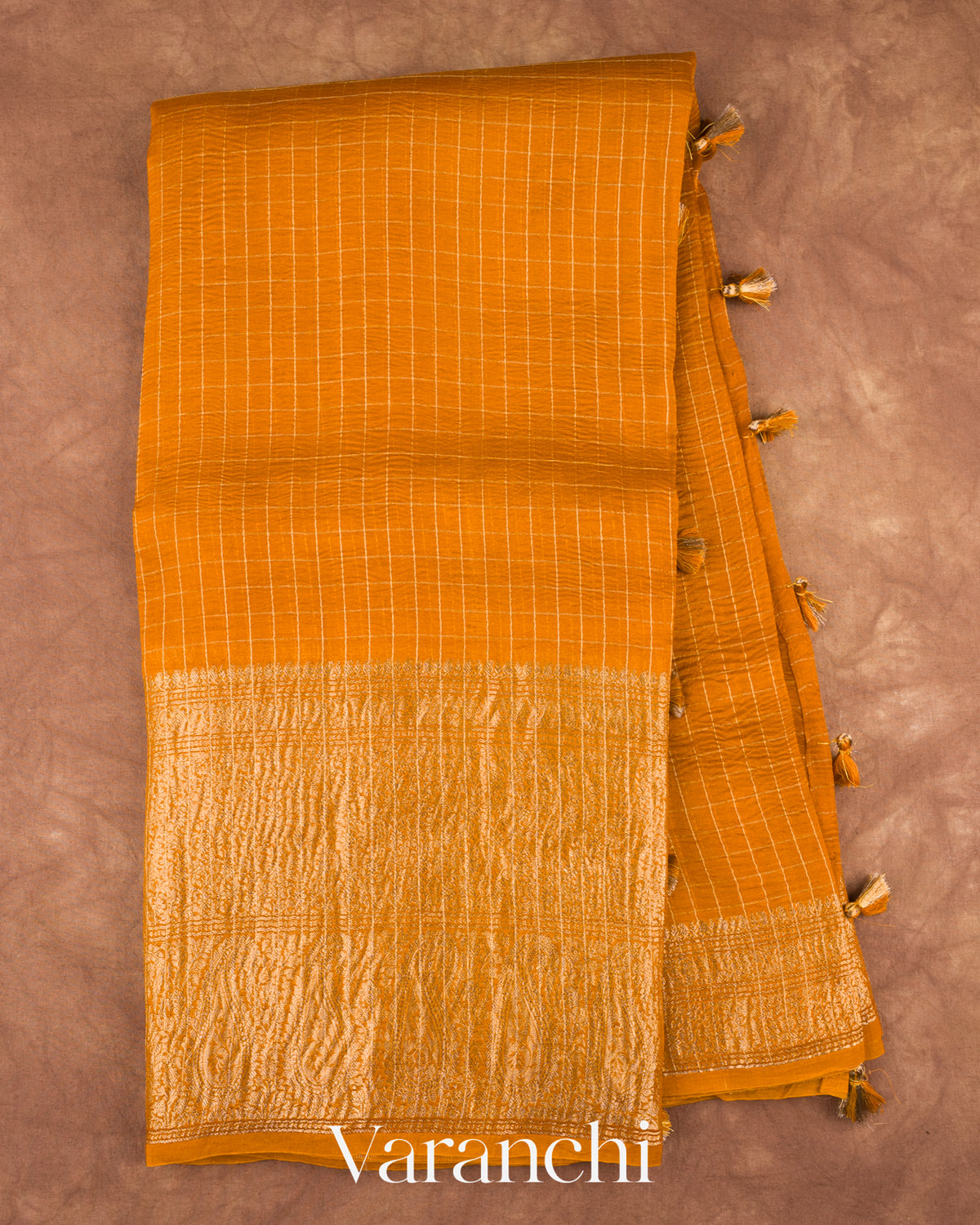 Mustard Yellow Checkered Pure Crush Kora Silk Saree — Full Saree