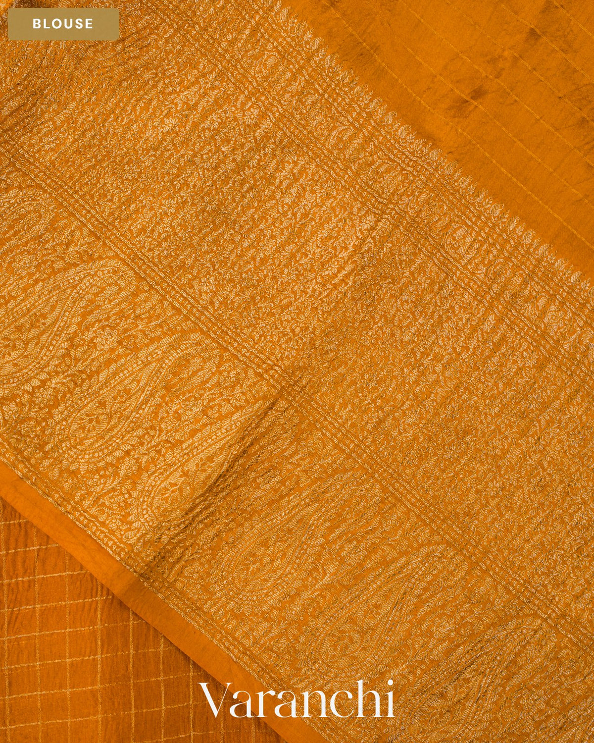 Mustard Yellow Checkered Pure Crush Kora Silk Saree — Blouse