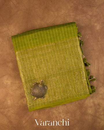 Mehandi Green Checkered Pure Crush Kora Silk Saree — Folded