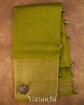 Mehandi Green Checkered Pure Crush Kora Silk Saree — Full Saree