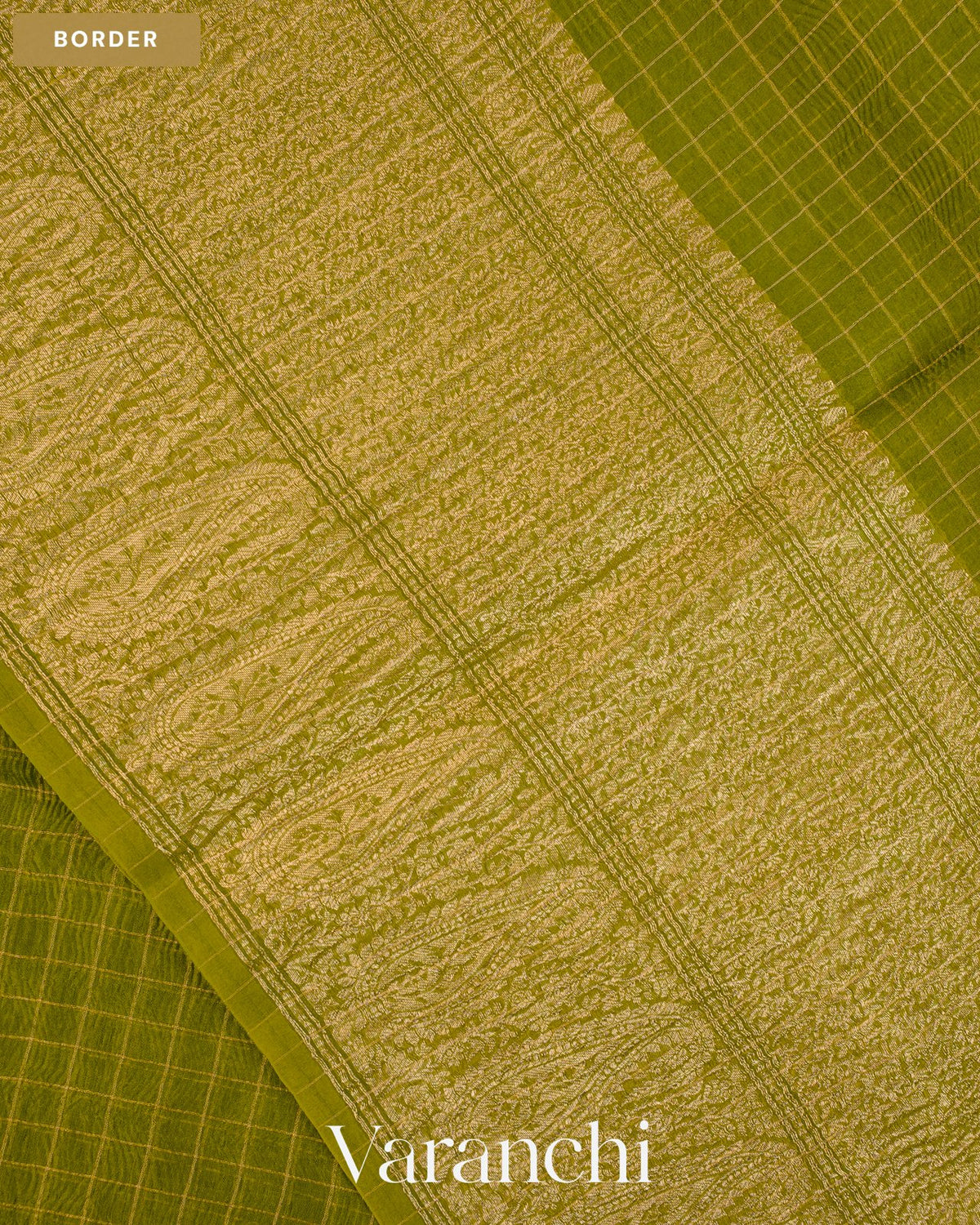 Mehandi Green Checkered Pure Crush Kora Silk Saree — Border