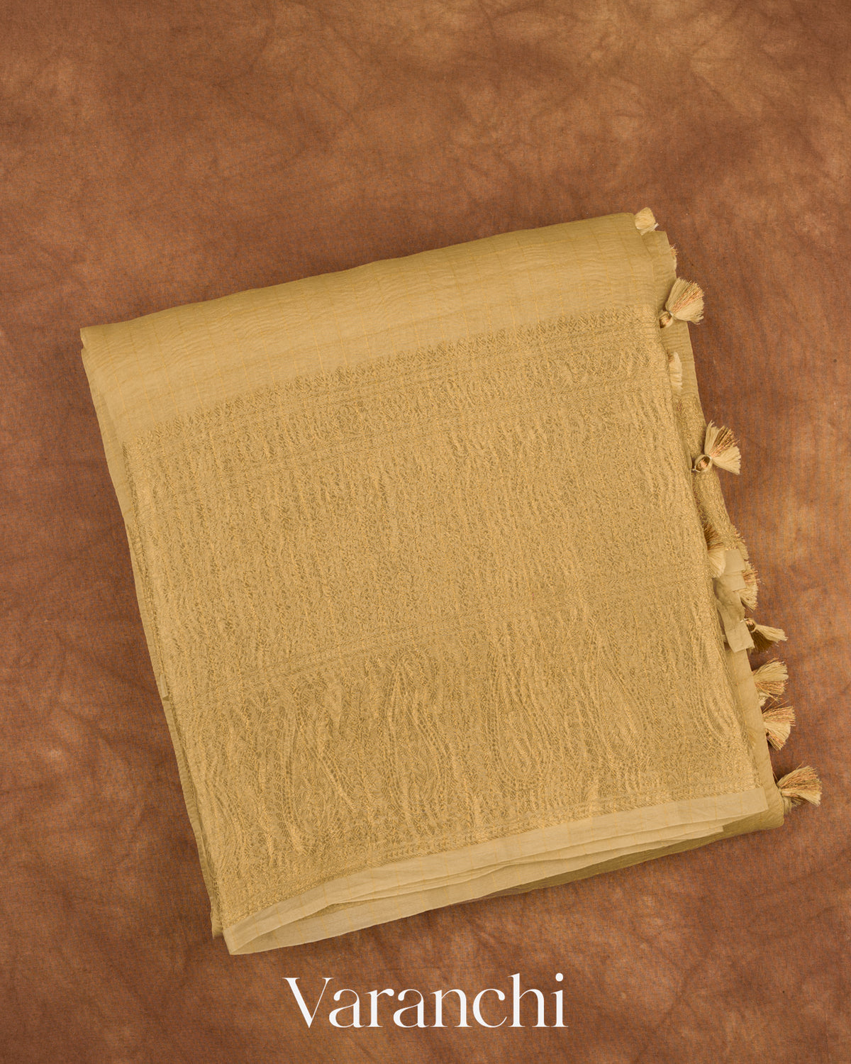 Ivory Checkered Pure Crush Kora Silk Saree — Folded