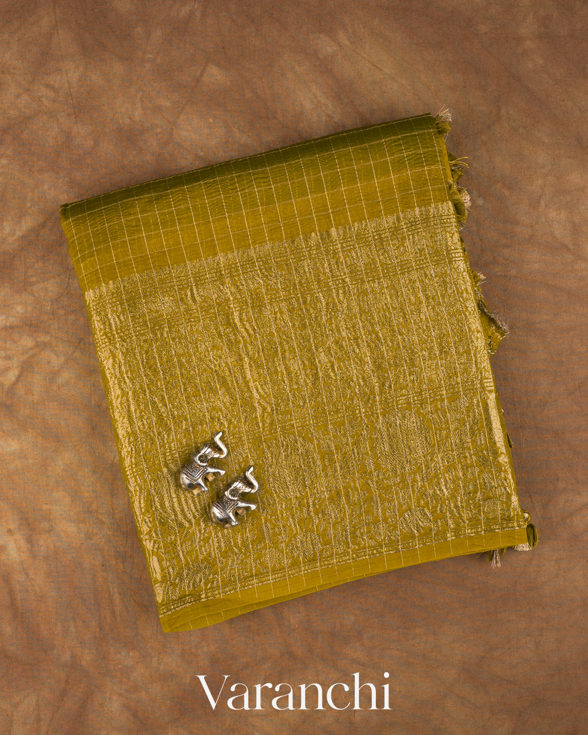 Mehandi Green Checkered Pure Crush Kora Silk Saree — Folded
