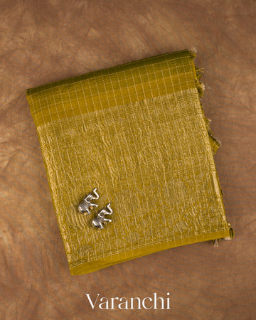 Mehandi Green Checkered Pure Crush Kora Silk Saree — Folded
