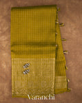 Mehandi Green Checkered Pure Crush Kora Silk Saree — Full Saree