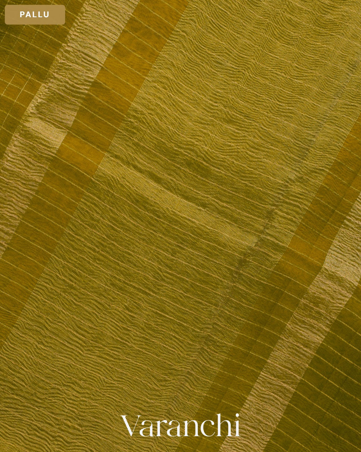 Mehandi Green Checkered Pure Crush Kora Silk Saree — Pallu