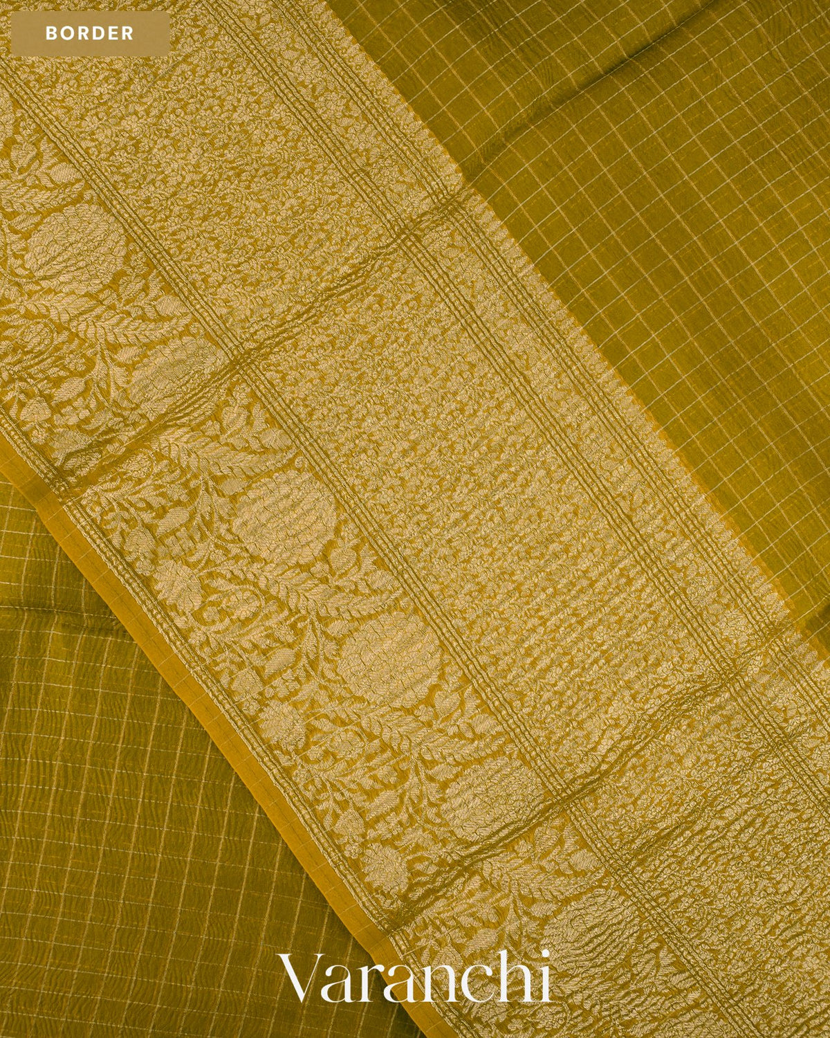 Mehandi Green Checkered Pure Crush Kora Silk Saree — Border