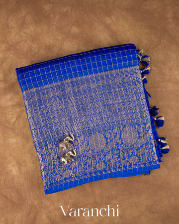 Royal Blue Checkered Pure Crush Kora Silk Saree — Folded