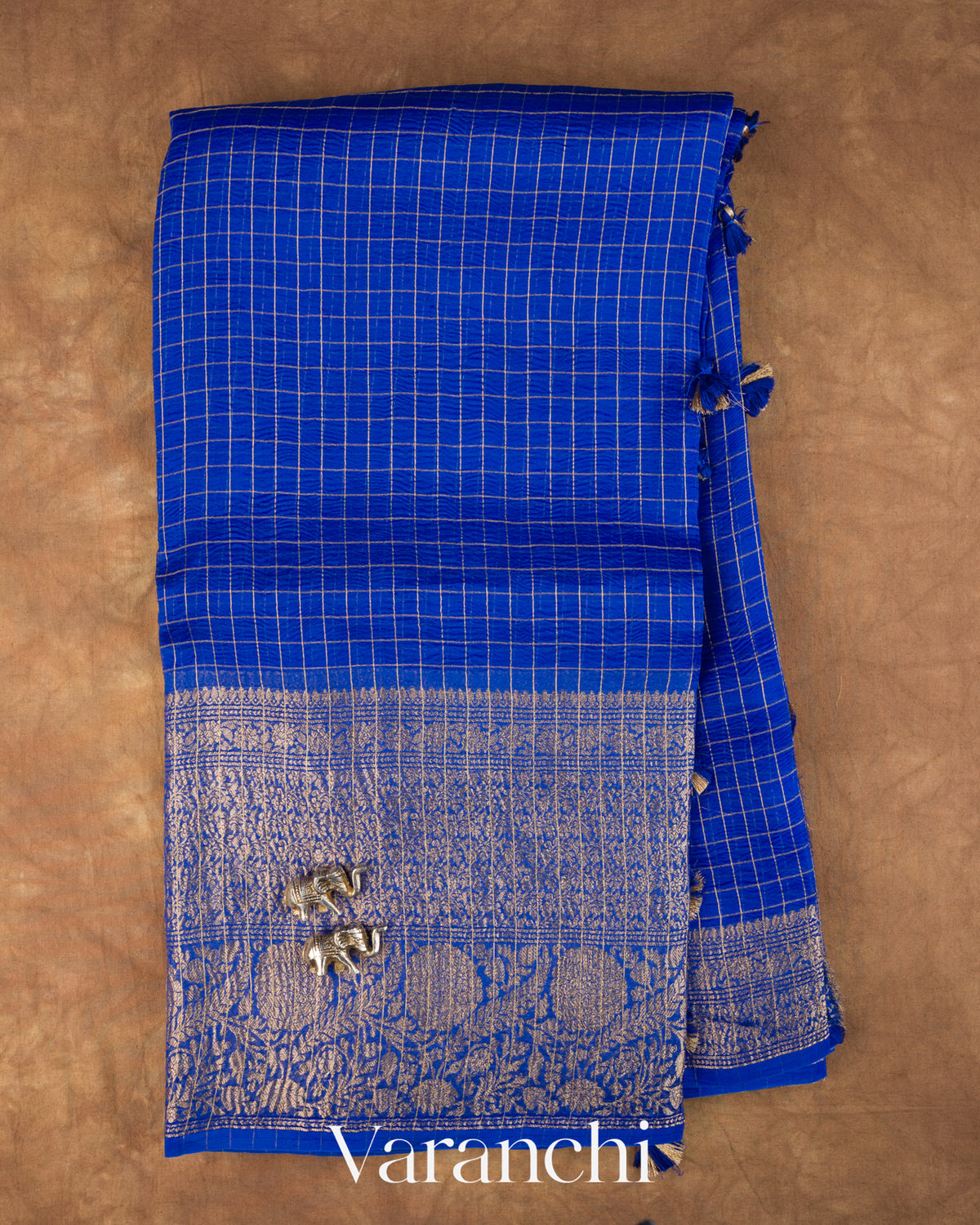 Royal Blue Checkered Pure Crush Kora Silk Saree — Full Saree
