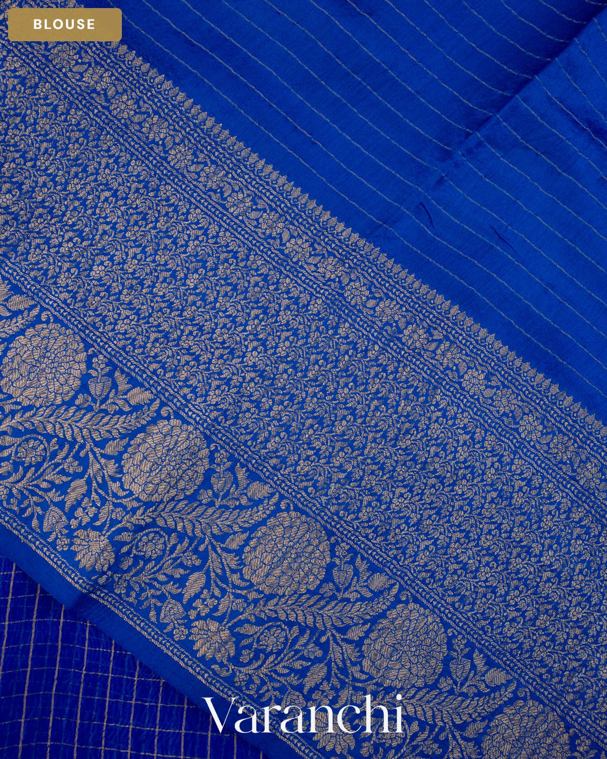 Royal Blue Checkered Pure Crush Kora Silk Saree — Blouse