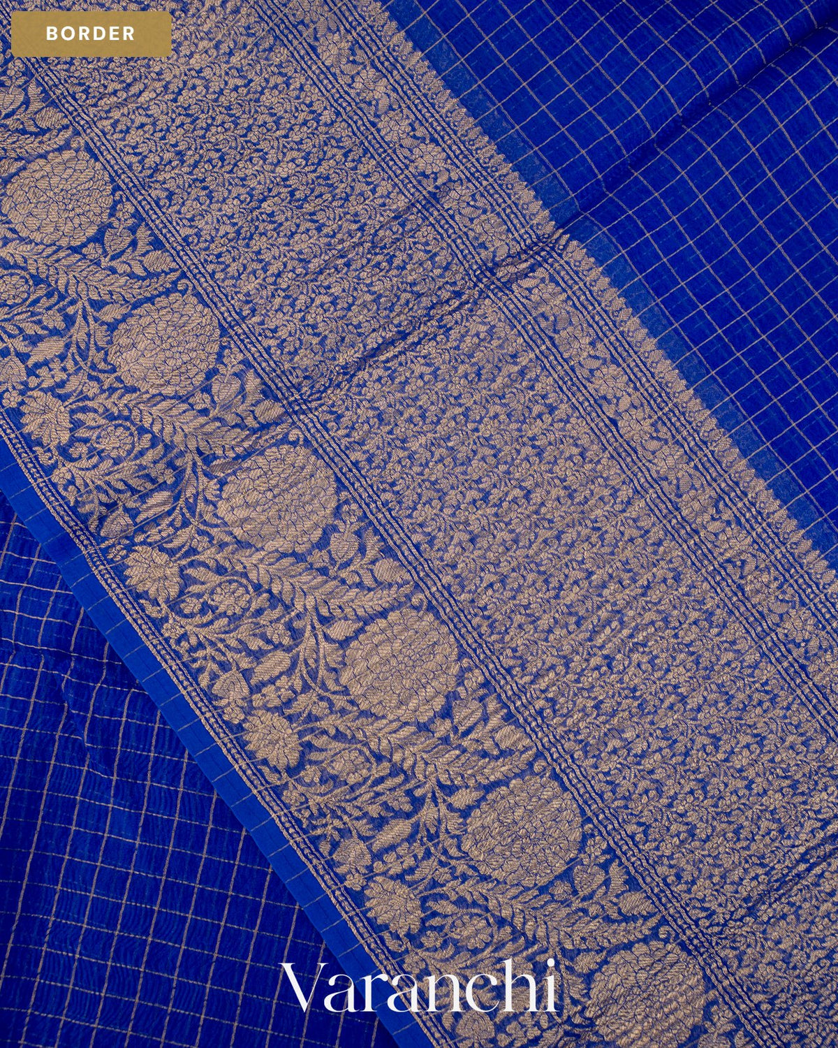 Royal Blue Checkered Pure Crush Kora Silk Saree — Border