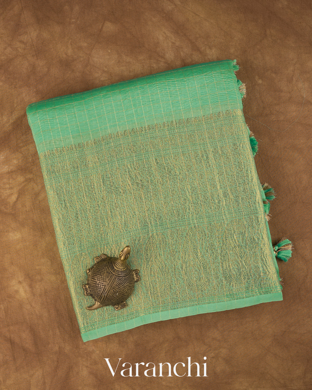 Aqua Green Checkered Pure Crush Kora Silk Saree — Folded