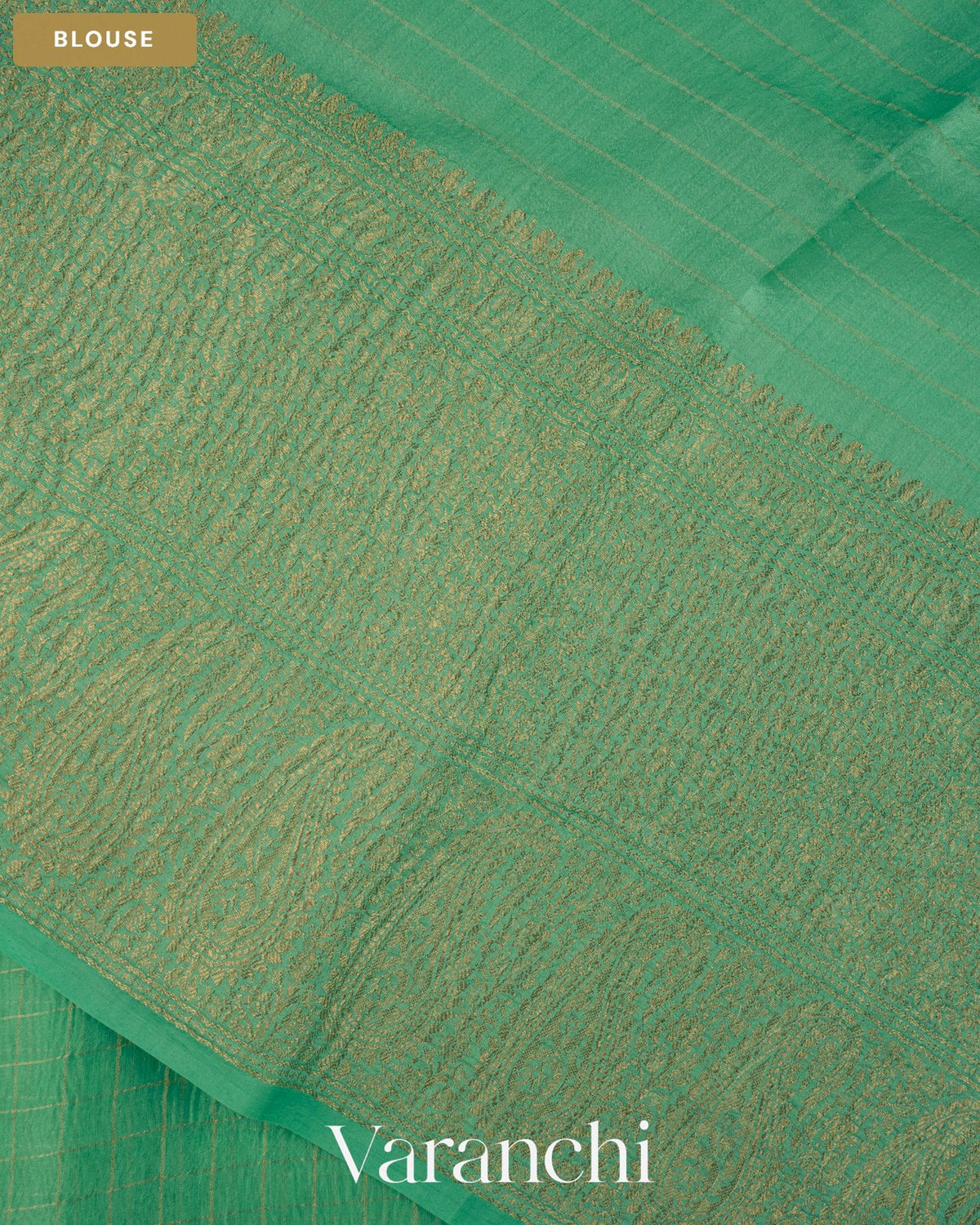 Aqua Green Checkered Pure Crush Kora Silk Saree — Blouse