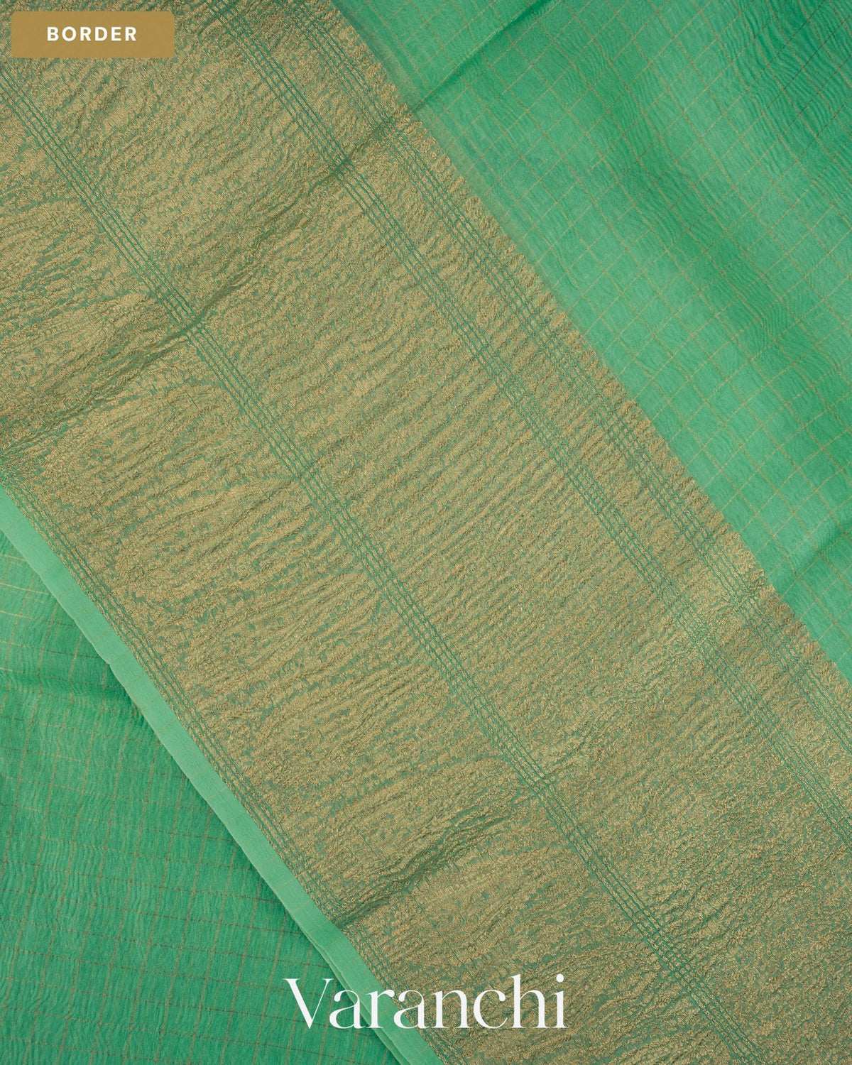 Aqua Green Checkered Pure Crush Kora Silk Saree — Border