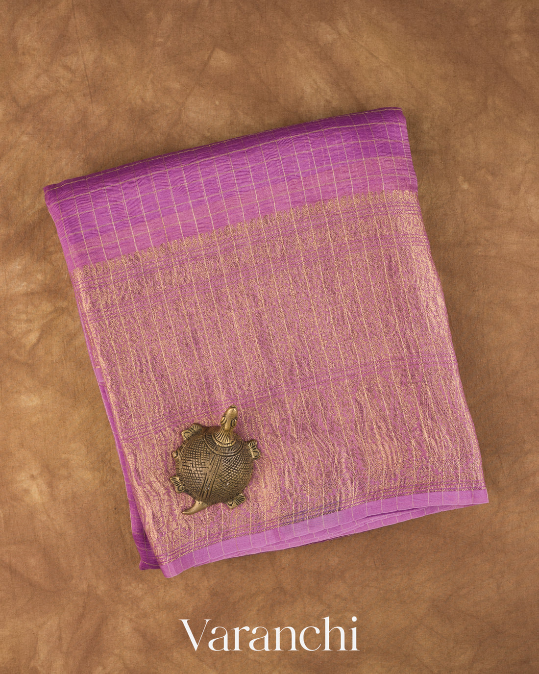 Lavender Checkered Pure Crush Kora Silk Saree — Folded