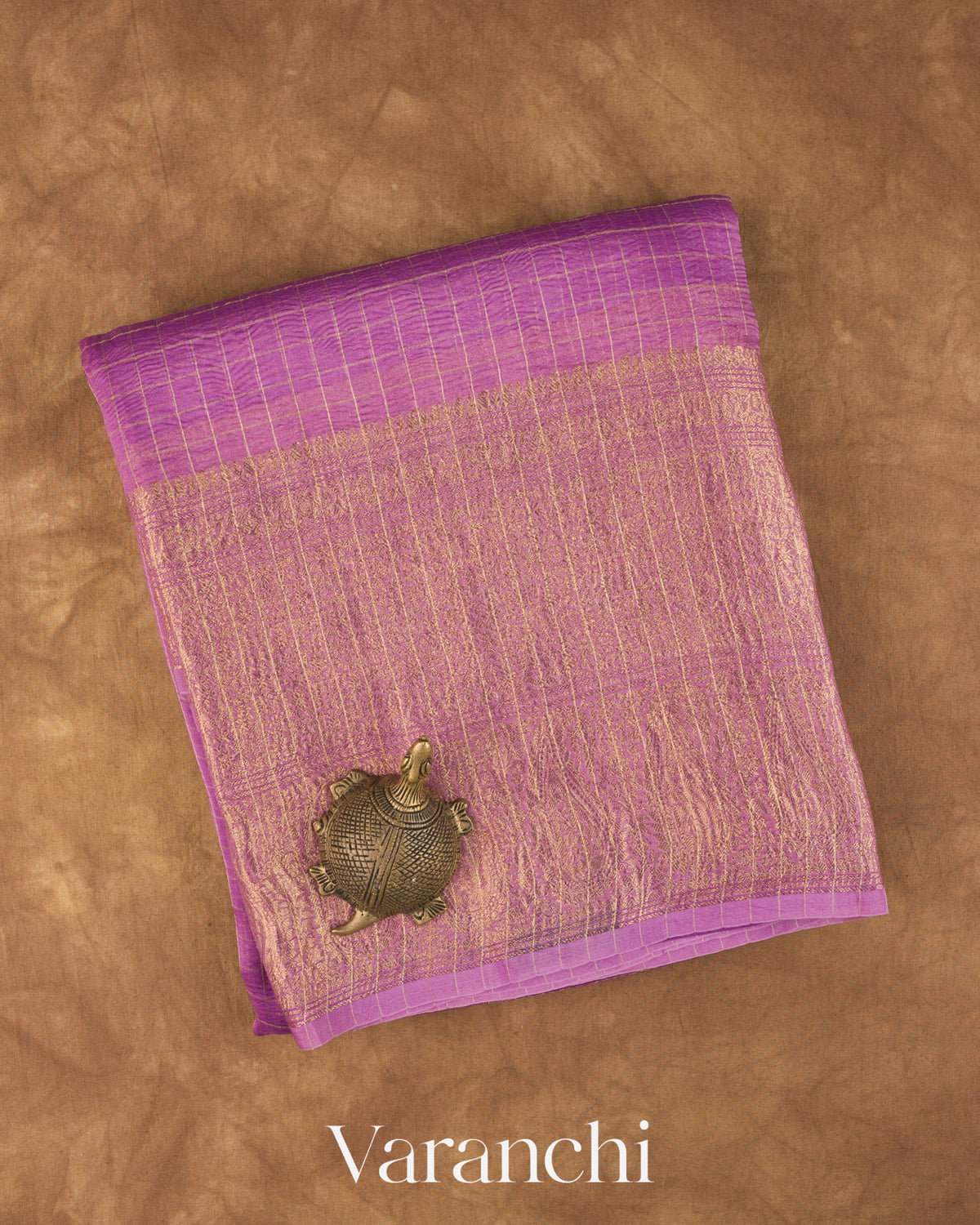 Lavender Checkered Pure Crush Kora Silk Saree — Folded