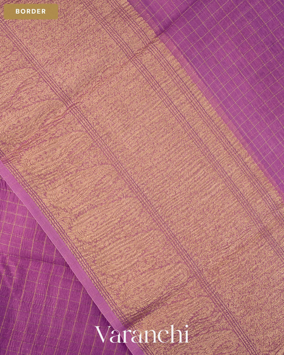 Lavender Checkered Pure Crush Kora Silk Saree — Border
