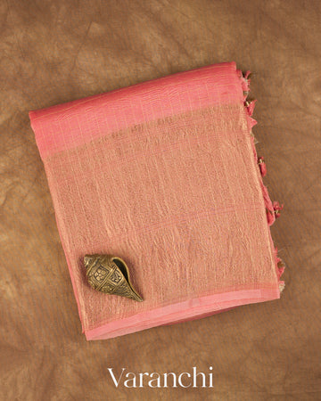 Coral Pink Checkered Pure Crush Kora Silk Saree — Folded