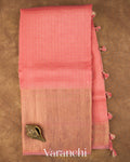 Coral Pink Checkered Pure Crush Kora Silk Saree — Full Saree