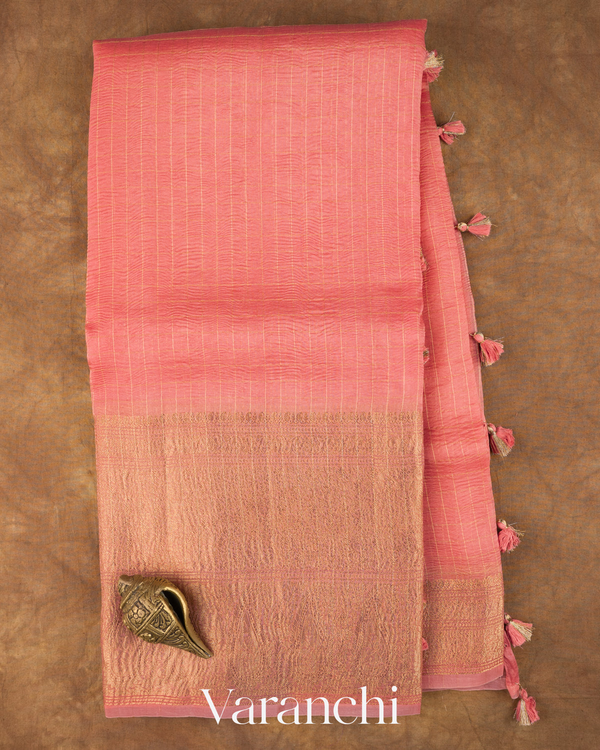 Coral Pink Checkered Pure Crush Kora Silk Saree — Full Saree