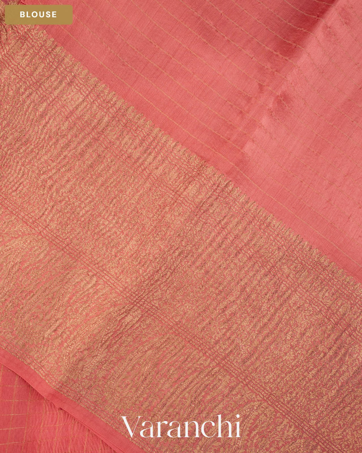 Coral Pink Checkered Pure Crush Kora Silk Saree — Blouse