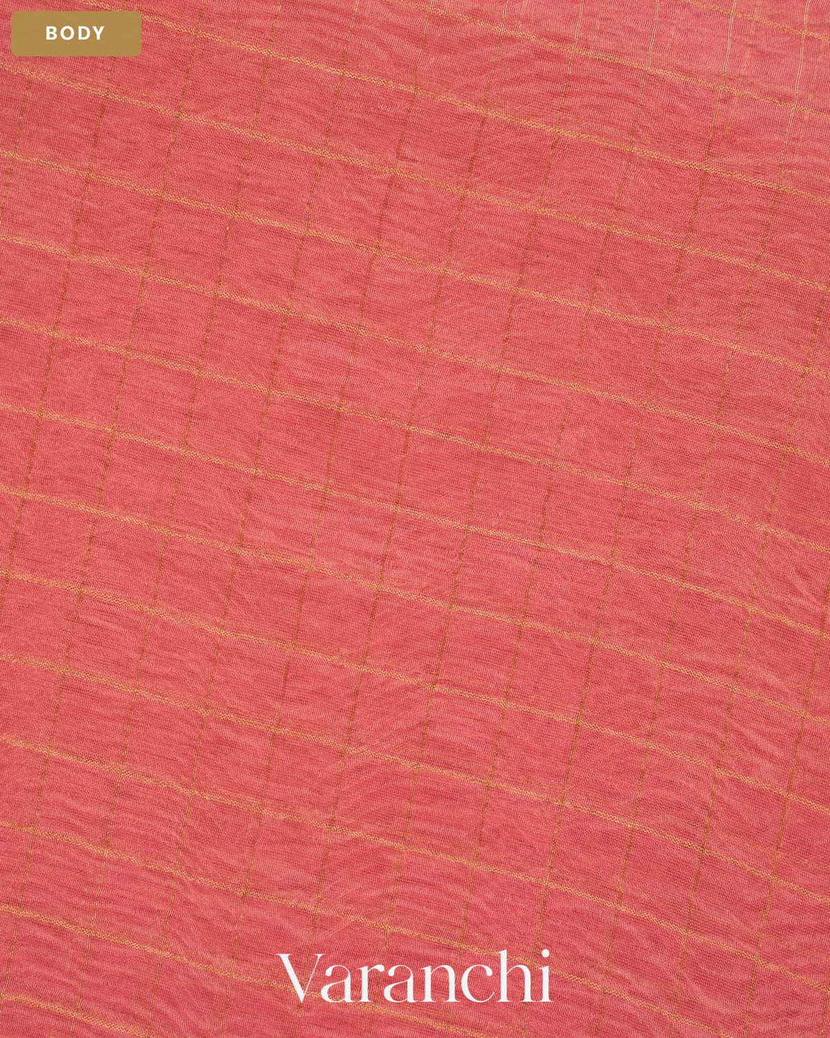 Coral Pink Checkered Pure Crush Kora Silk Saree — Body