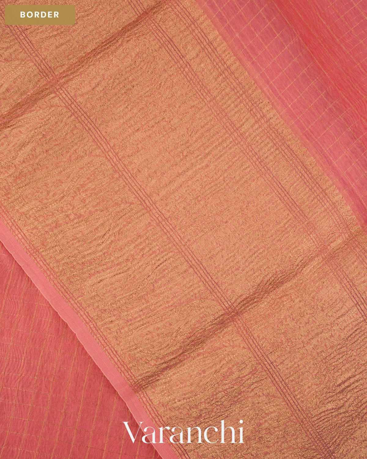 Coral Pink Checkered Pure Crush Kora Silk Saree — Border