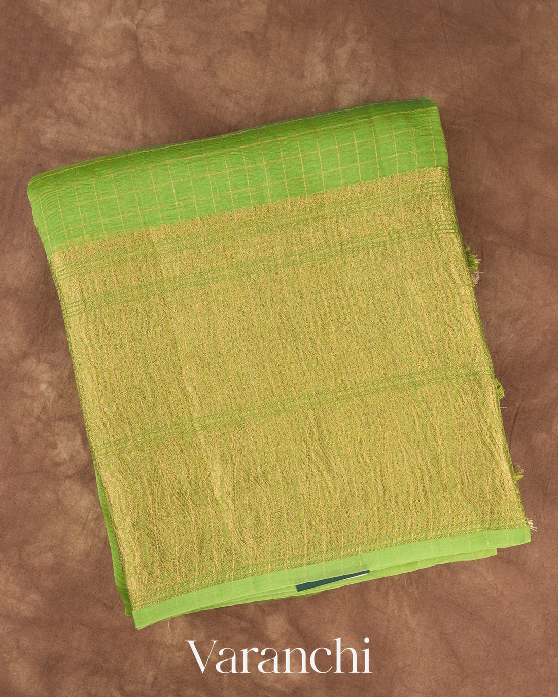 Parrot Green Checkered Pure Crush Kora Silk Saree — Folded