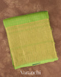 Parrot Green Checkered Pure Crush Kora Silk Saree — Folded