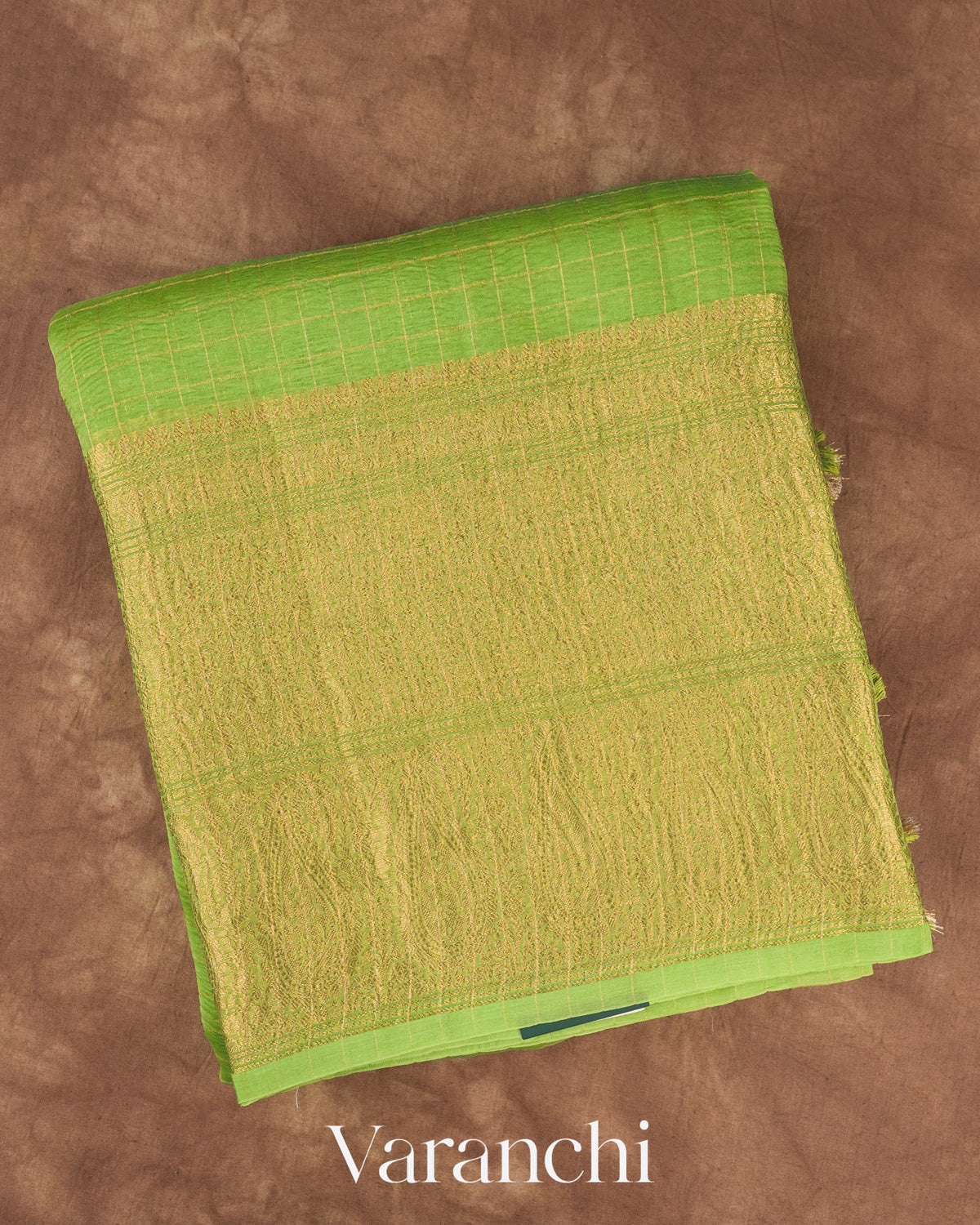 Parrot Green Checkered Pure Crush Kora Silk Saree — Folded