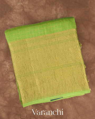 Parrot Green Checkered Pure Crush Kora Silk Saree — Folded