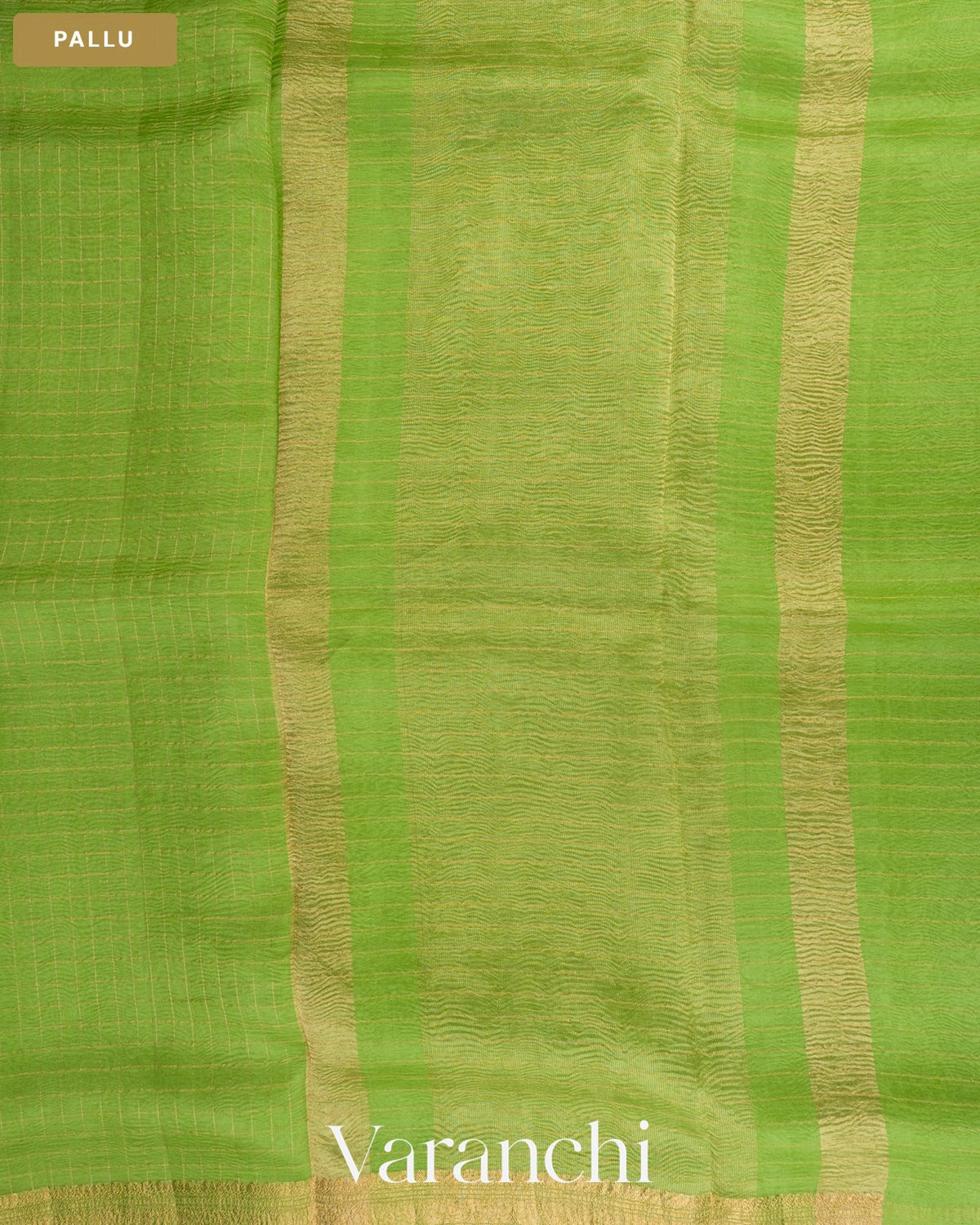 Parrot Green Checkered Pure Crush Kora Silk Saree — Pallu
